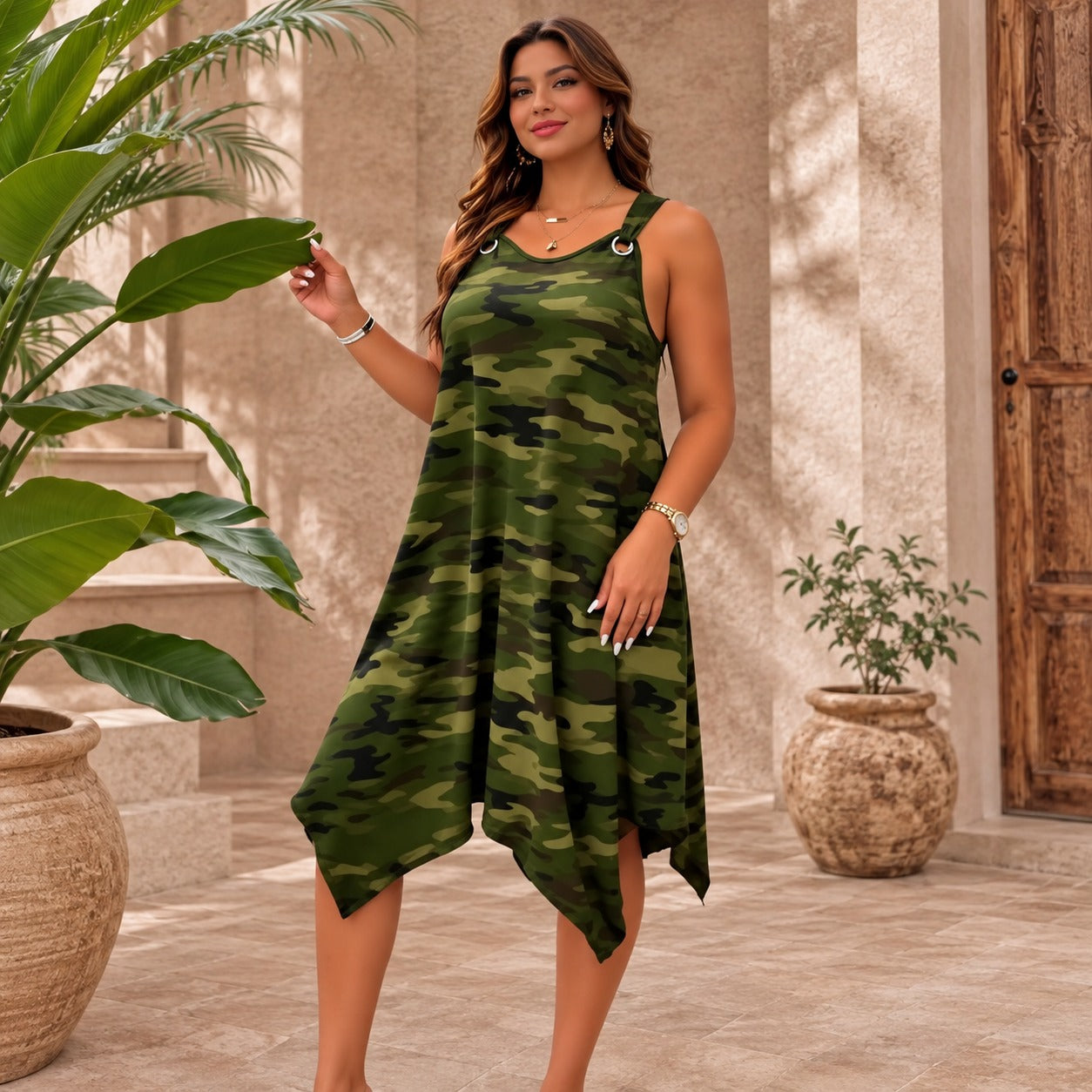 Dress Taryn™ with Camo Print, Asymmetric Hem and Flowy Drape