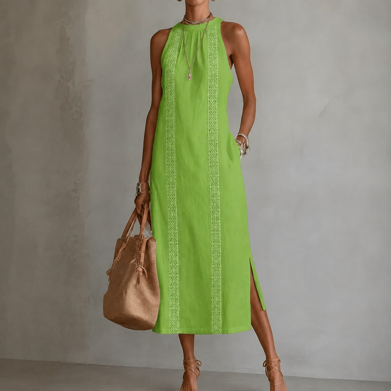 Coralie™ Linen Cotton Dress with Godet Skirt and Vertical Ornamental Details