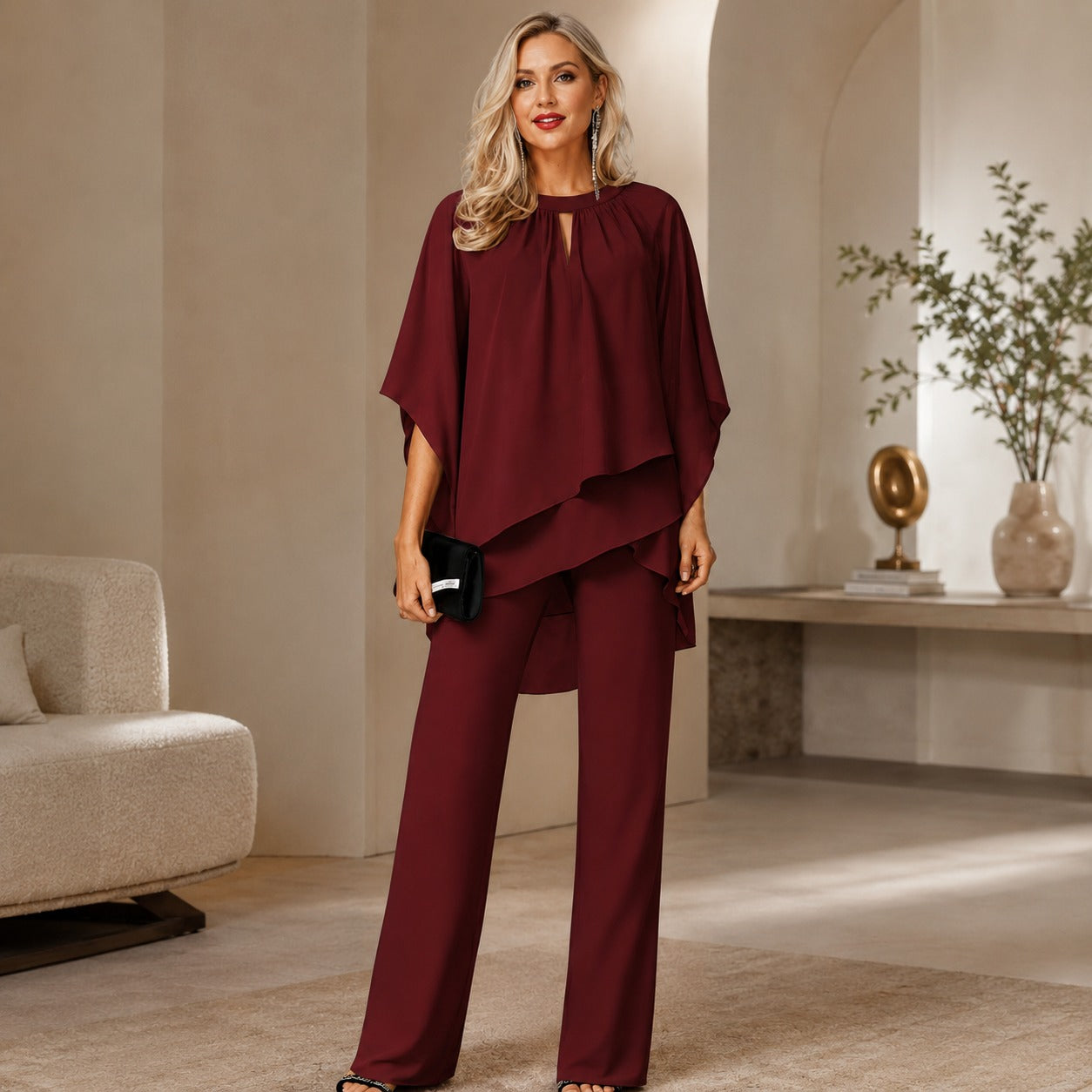 Celienne™ Set with Chiffon Blouse, High-Low Hem and Sophisticated Straight-Leg Pants / A Complete Look for Special Occasions