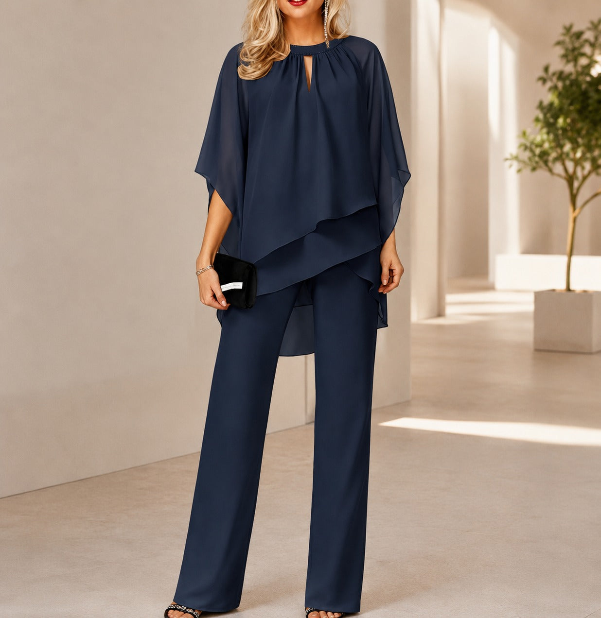 Celienne™ Set with Chiffon Blouse, High-Low Hem and Sophisticated Straight-Leg Pants / A Complete Look for Special Occasions