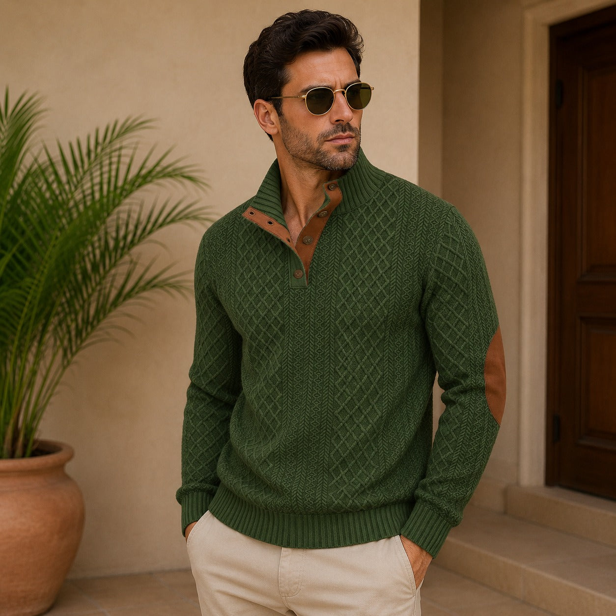 Sweater Bramwell™ with Textured Knit, Stand Collar and Elbow Patches