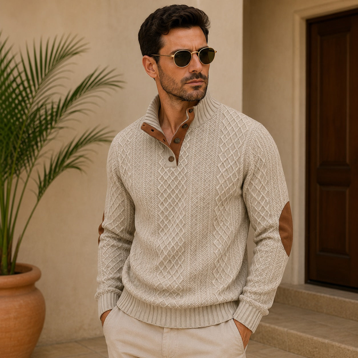 Sweater Bramwell™ with Textured Knit, Stand Collar and Elbow Patches