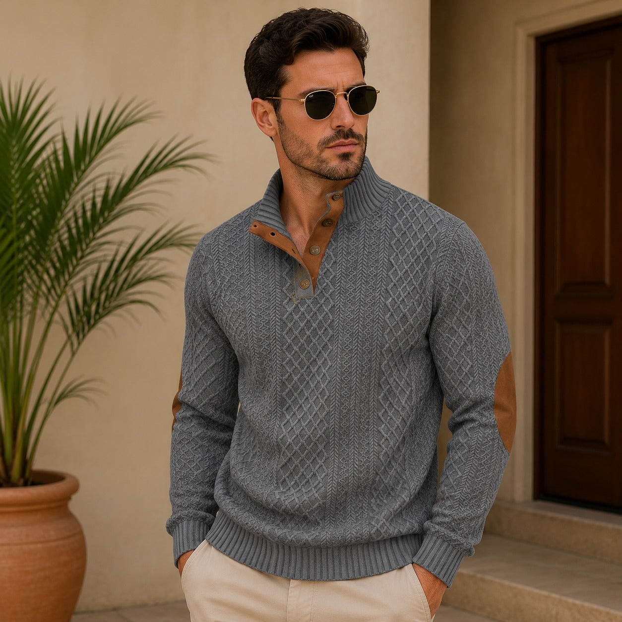 Sweater Bramwell™ with Textured Knit, Stand Collar and Elbow Patches