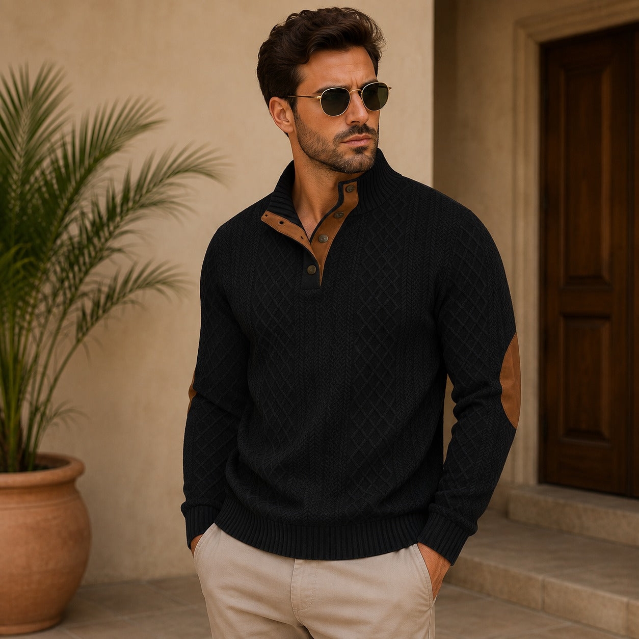 Sweater Bramwell™ with Textured Knit, Stand Collar and Elbow Patches