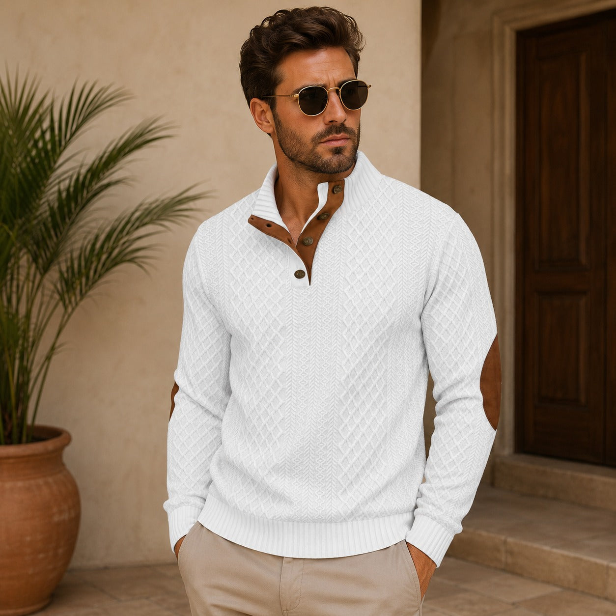 Sweater Bramwell™ with Textured Knit, Stand Collar and Elbow Patches
