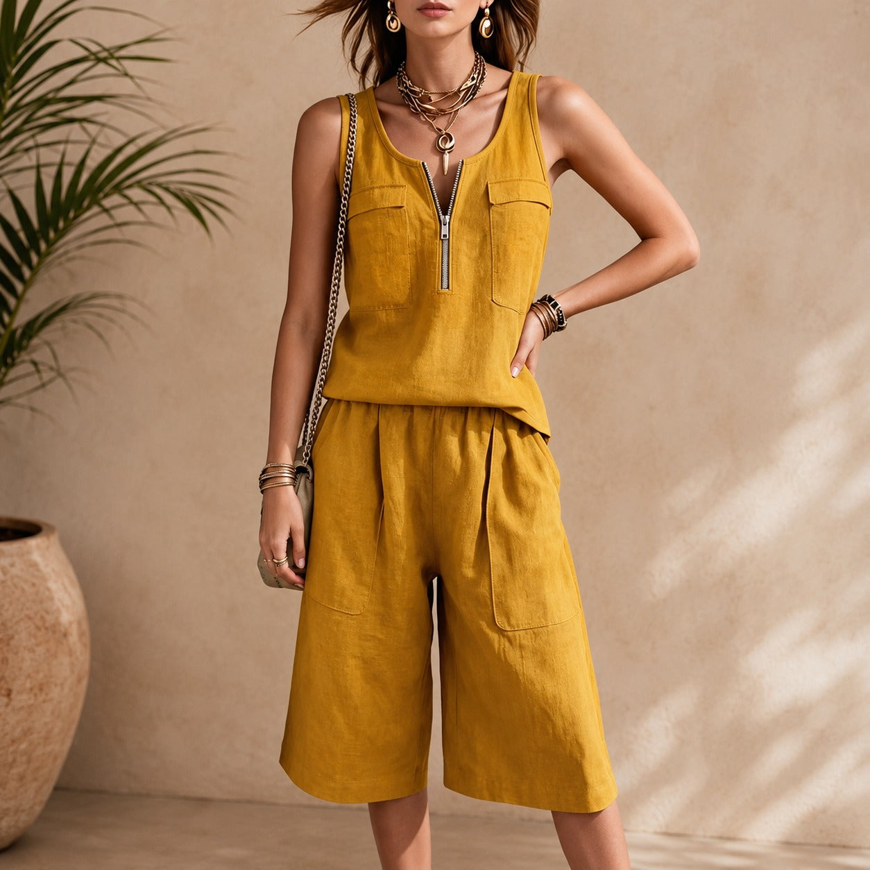 Two-Piece Set Leah™ with Zip-Up Top and Elastic-Waist Bermuda Shorts