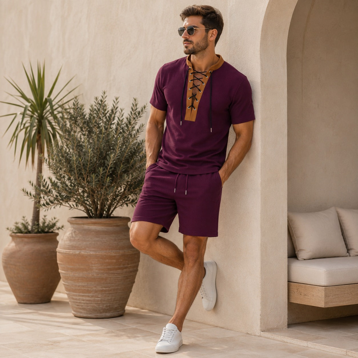 Set Caspian™ with Lace-Up Short-Sleeve Top and Drawstring Shorts