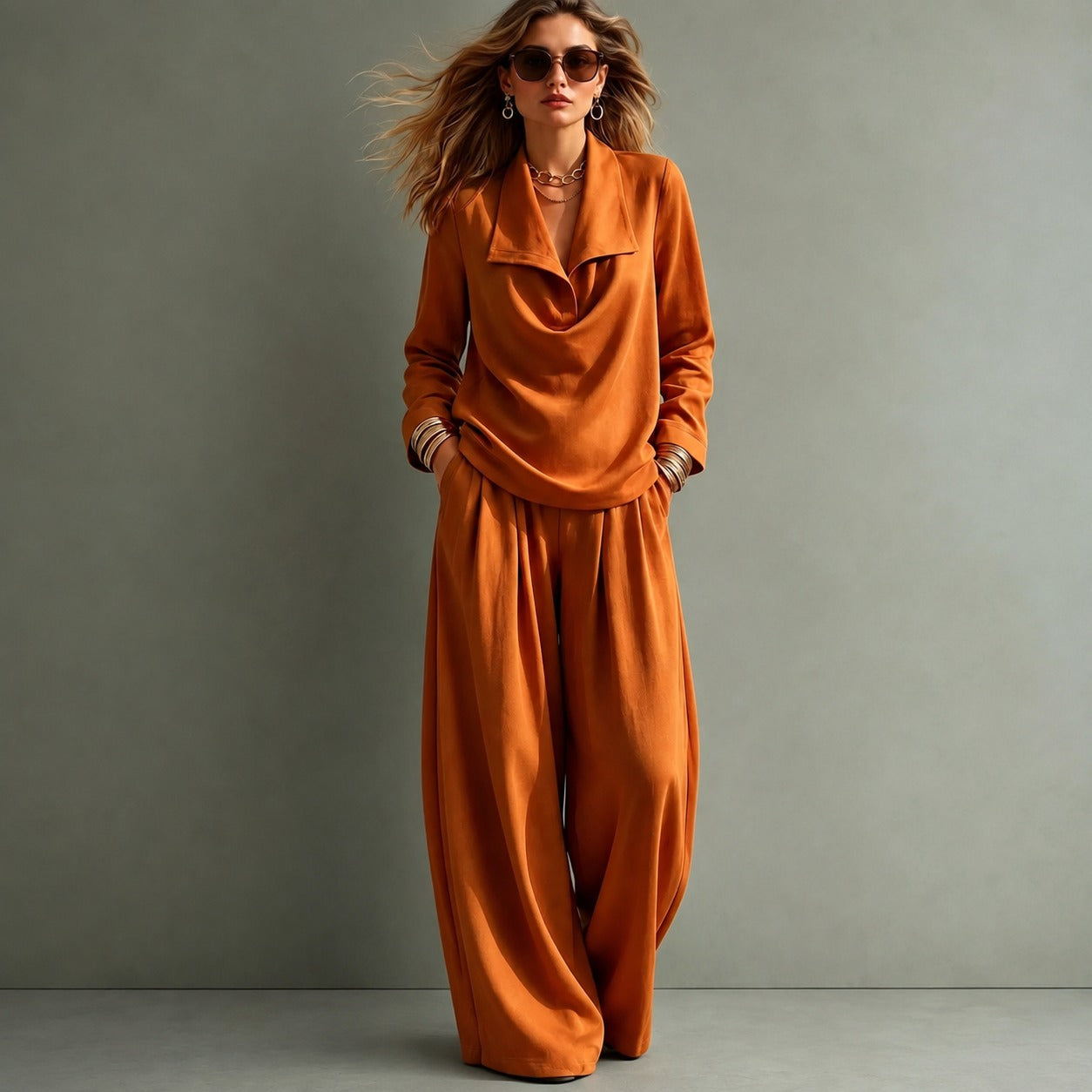 Set Sloane™ with Draped-Collar Top and Flowy Wide-Leg Pants
