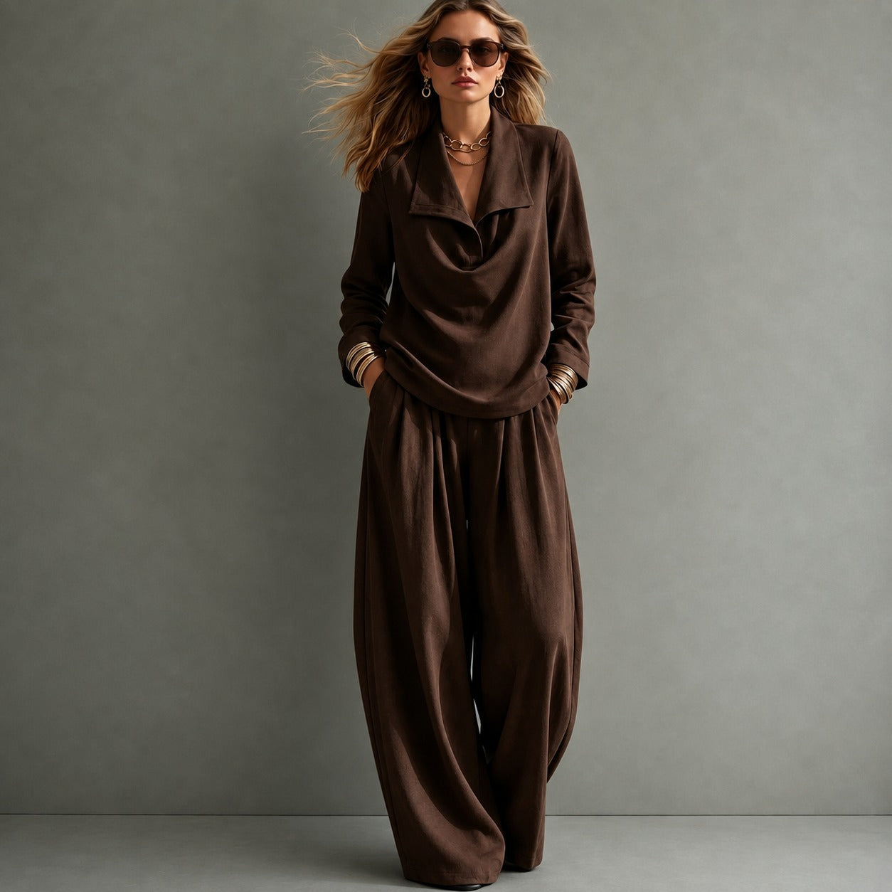 Set Sloane™ with Draped-Collar Top and Flowy Wide-Leg Pants