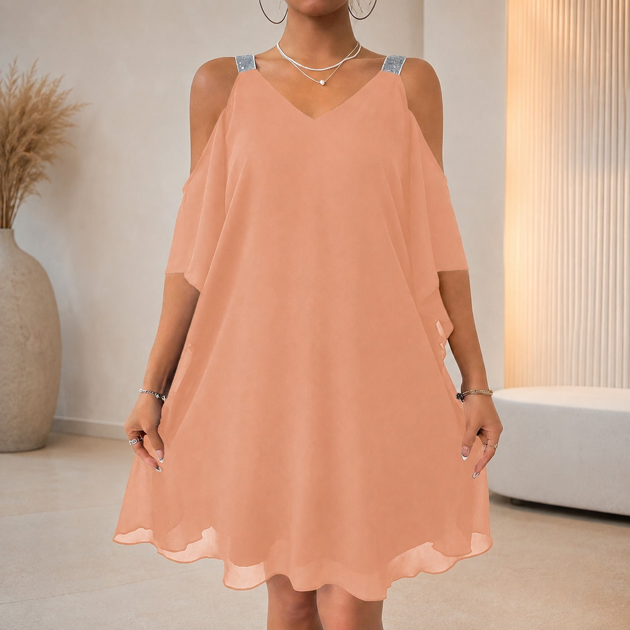 Noelle™ Dress with Cascading Side Ruffles, A-Line Silhouette and Embellished Straps