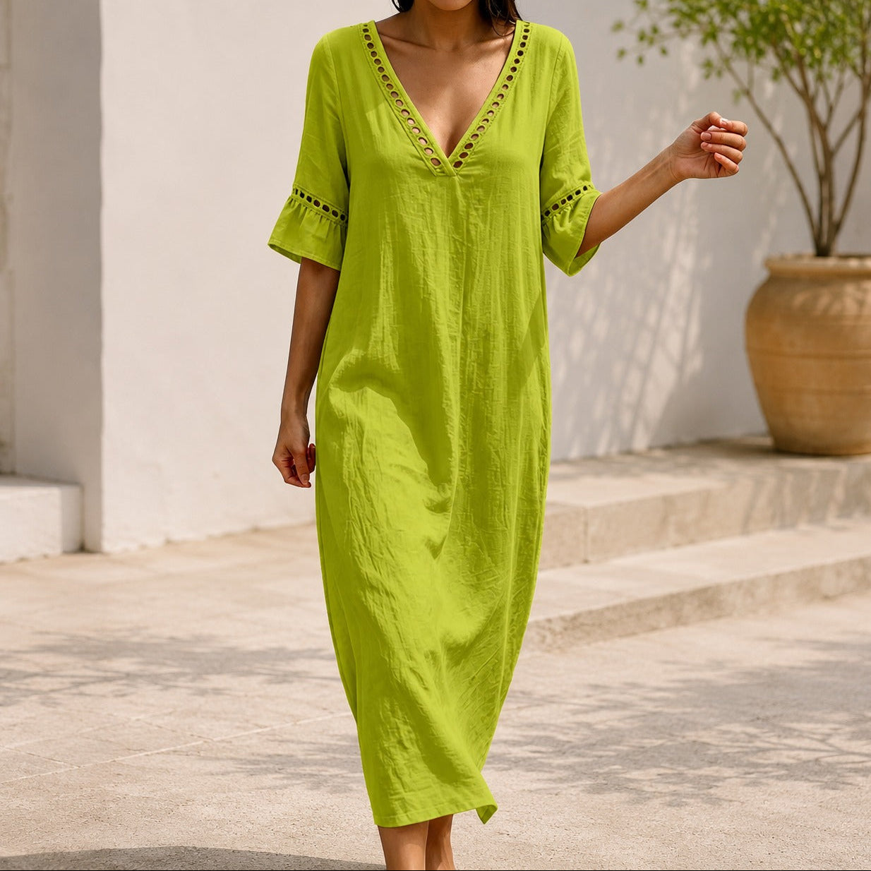 Ayla™ Linen-Cotton Dress with V-Neck and Ruffled Sleeves / Lightweight Elegance for Warm Days