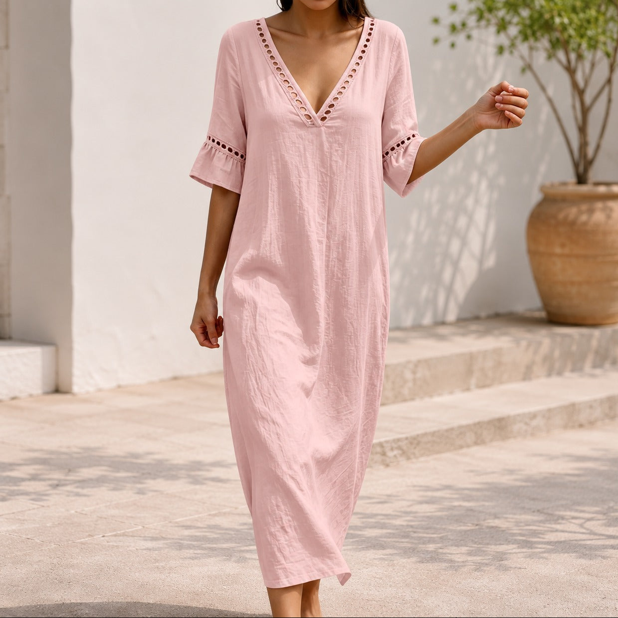 Ayla™ Linen-Cotton Dress with V-Neck and Ruffled Sleeves / Lightweight Elegance for Warm Days