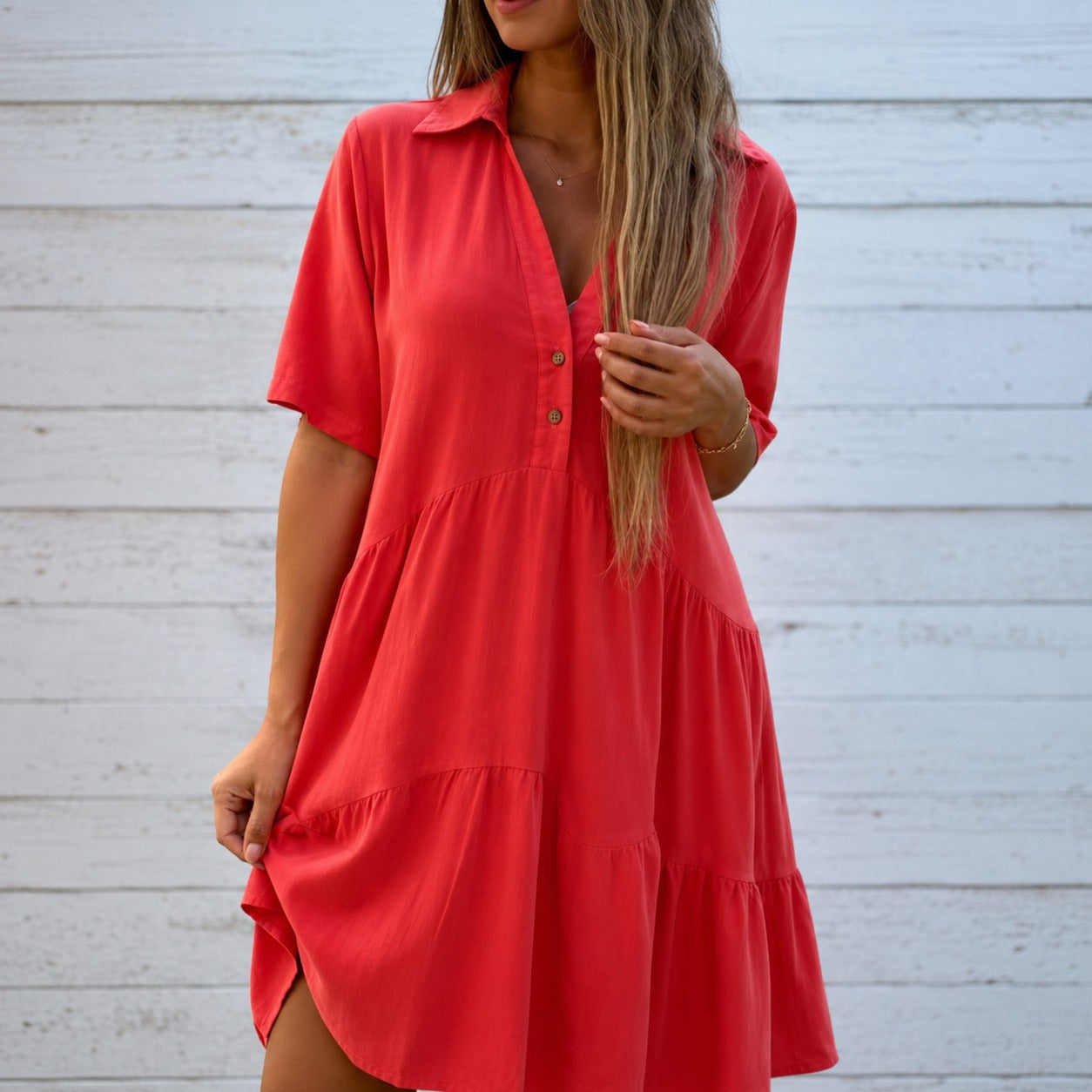 Dress Jasmine™ in Cotton Linen with Short Sleeves and Classic Collar