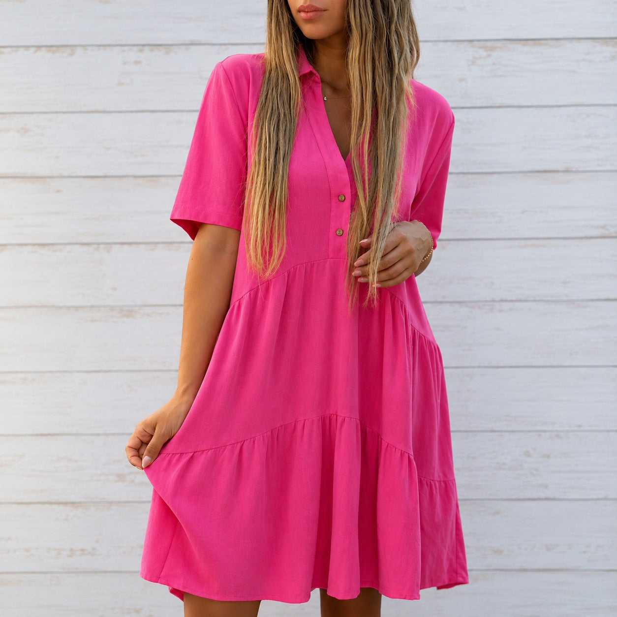 Dress Jasmine™ in Cotton Linen with Short Sleeves and Classic Collar