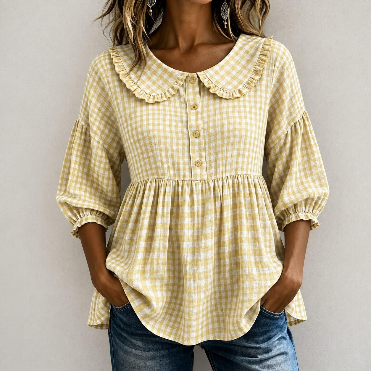 Gingham Blouse Emily™ with Ruffled Collar and Puff Sleeves