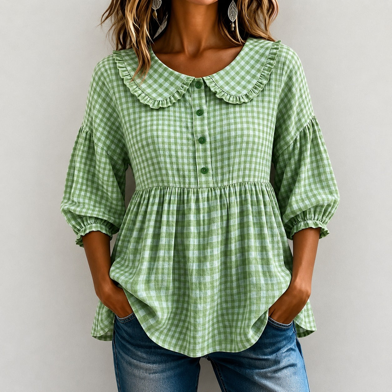 Gingham Blouse Emily™ with Ruffled Collar and Puff Sleeves