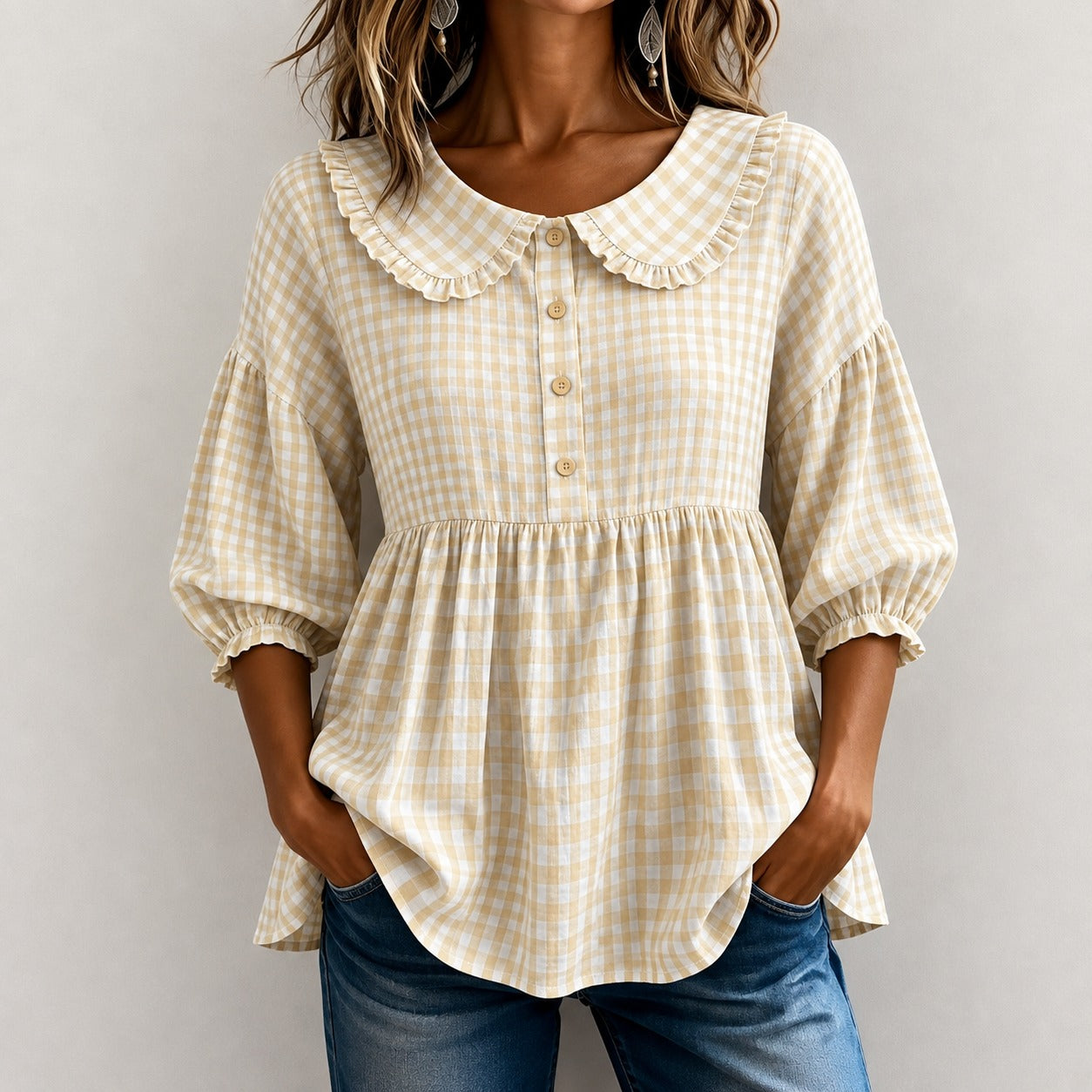 Gingham Blouse Emily™ with Ruffled Collar and Puff Sleeves