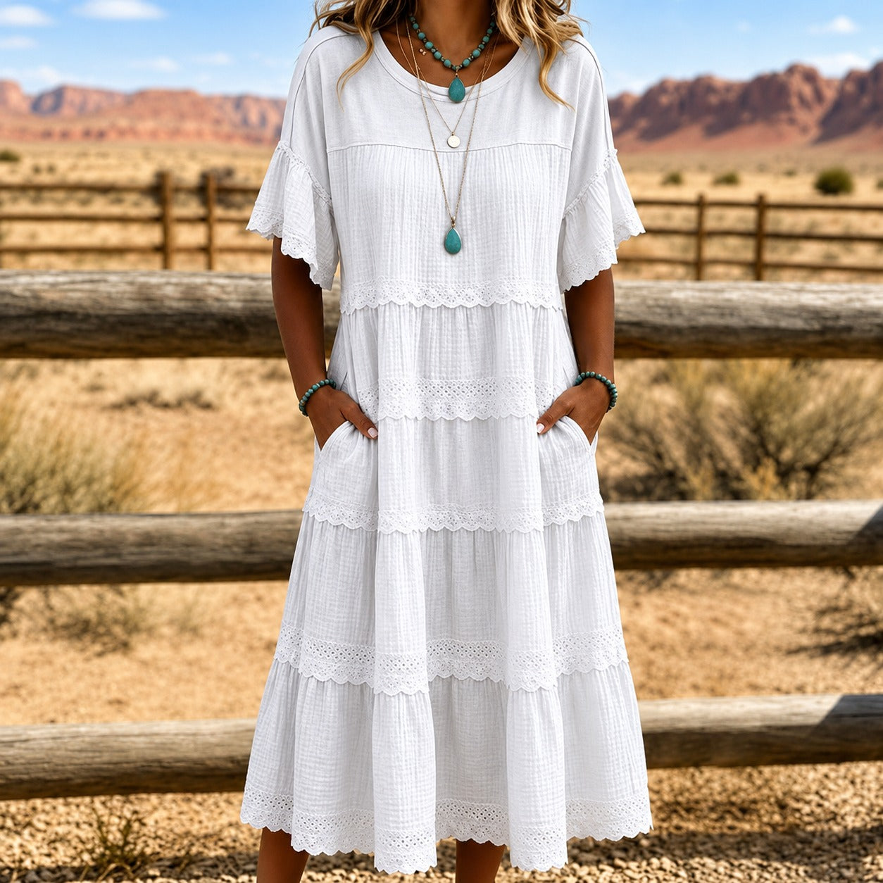 Dress Meadowlyn™ with Tiered Skirt, Lace Trim and Side Pockets