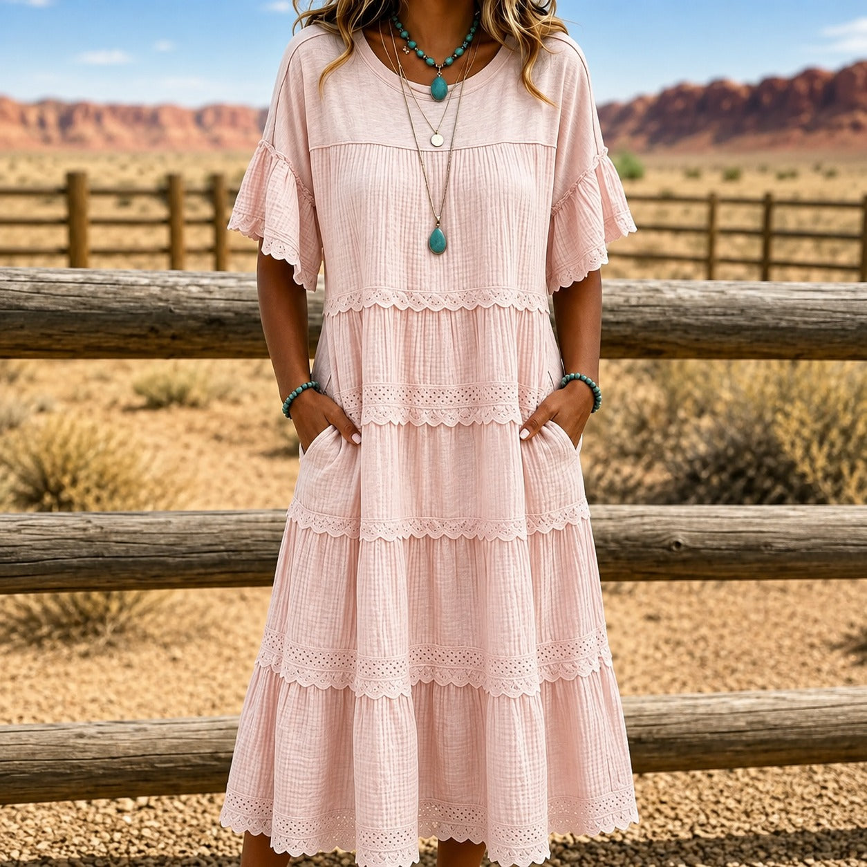 Dress Meadowlyn™ with Tiered Skirt, Lace Trim and Side Pockets