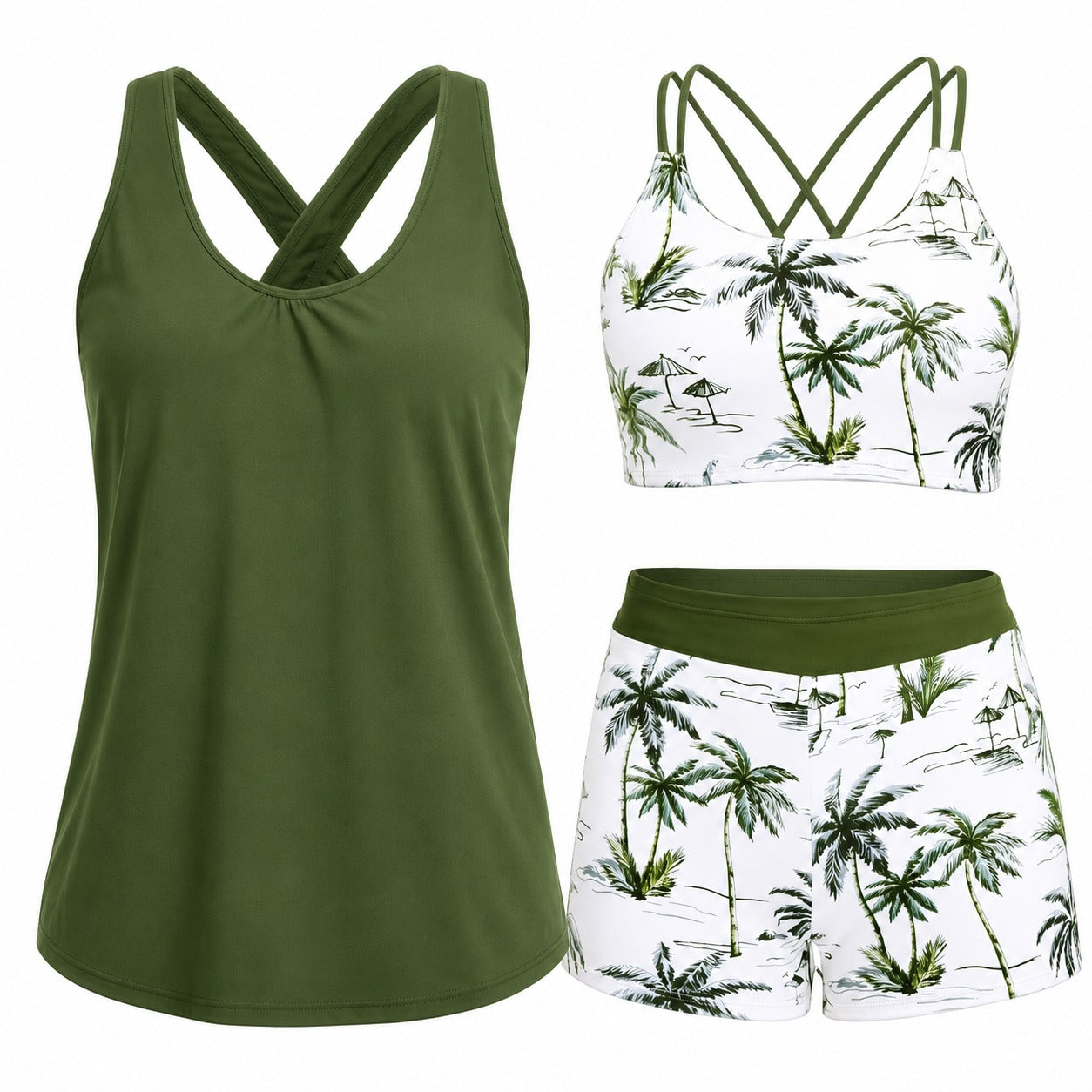 Marena™ Set with Tank Top, Cross-Back Top and Elastic-Waist Shorts