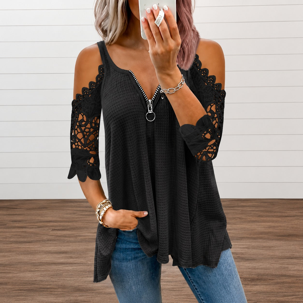 Blouse Natalie™ with Floral Lace Sleeves and Front Zipper