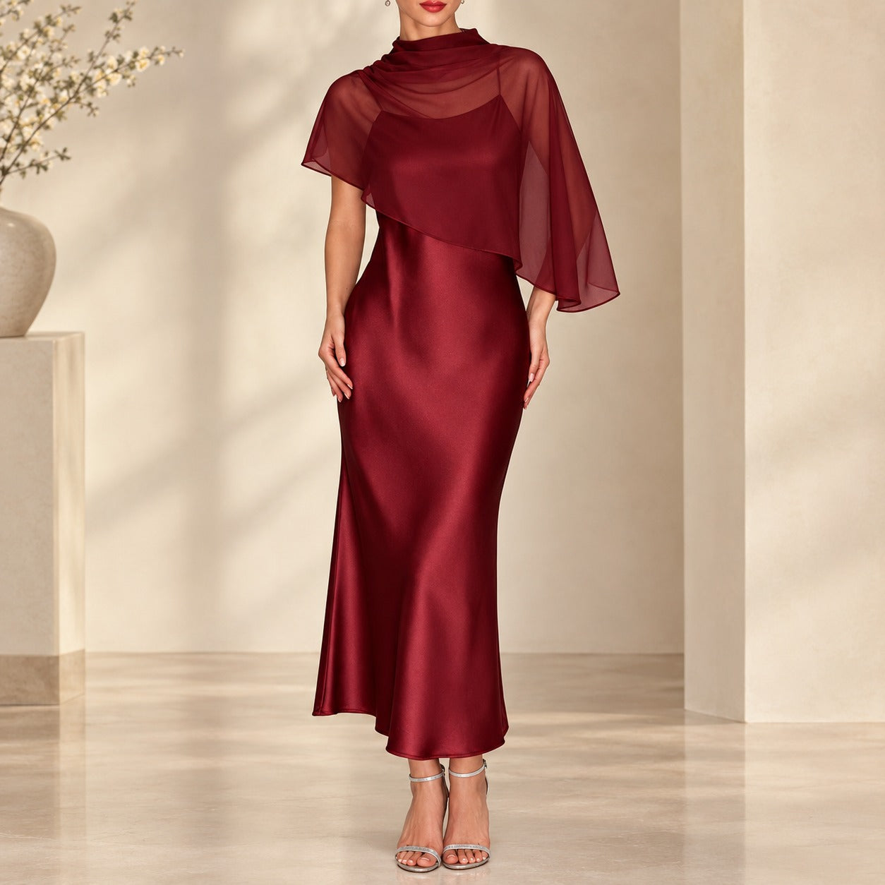 Dress Celeste™ with Sheer Asymmetrical Overlay and Satin Finish