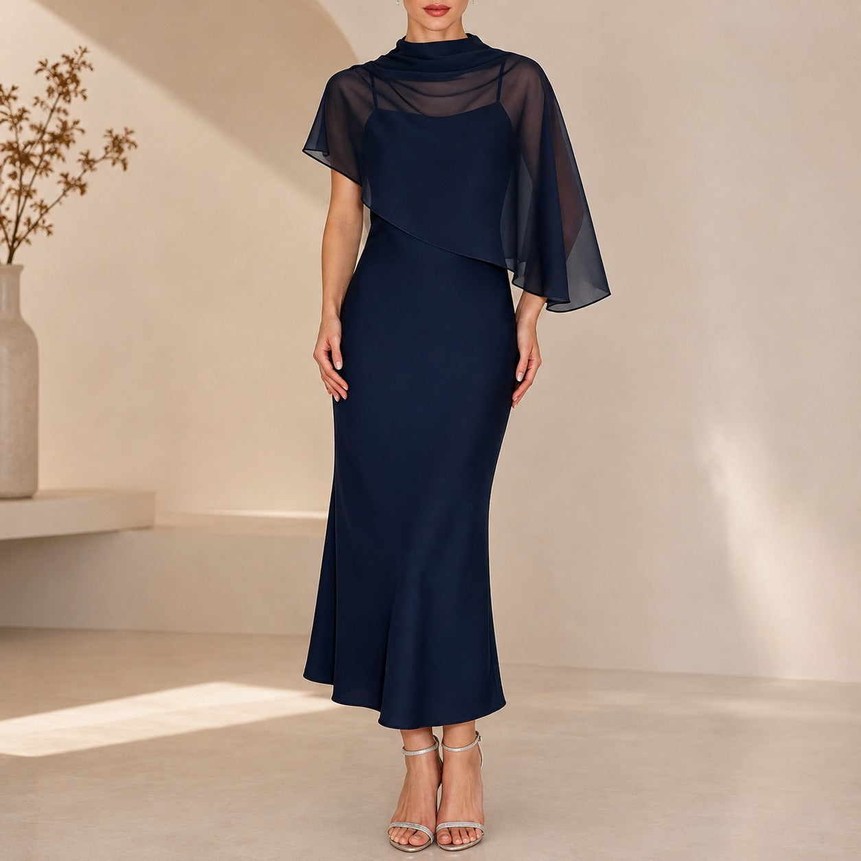 Dress Celeste™ with Sheer Asymmetrical Overlay and Satin Finish
