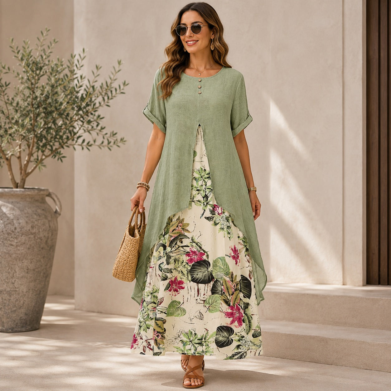 Dress Elisabeth™ Two-Piece Effect with Long Overlay and Floral Skirt