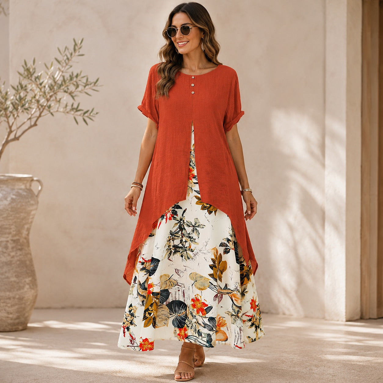 Dress Elisabeth™ Two-Piece Effect with Long Overlay and Floral Skirt