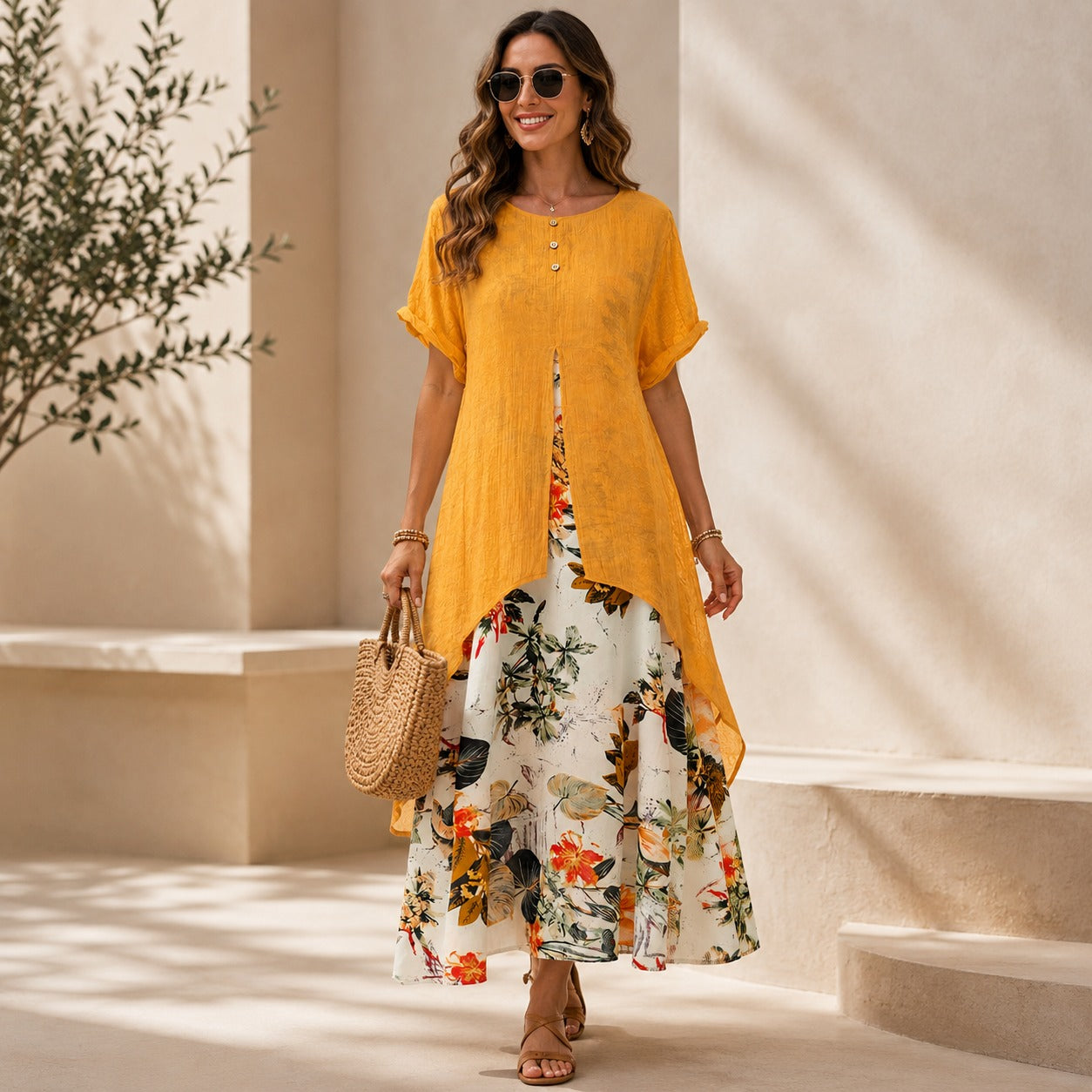 Dress Elisabeth™ Two-Piece Effect with Long Overlay and Floral Skirt
