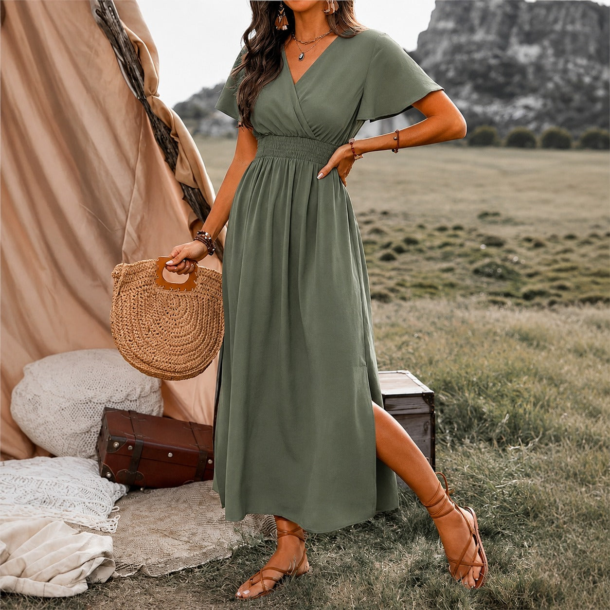 Dress Celine™ with Wrap V-Neck and Smocked Defined Waist