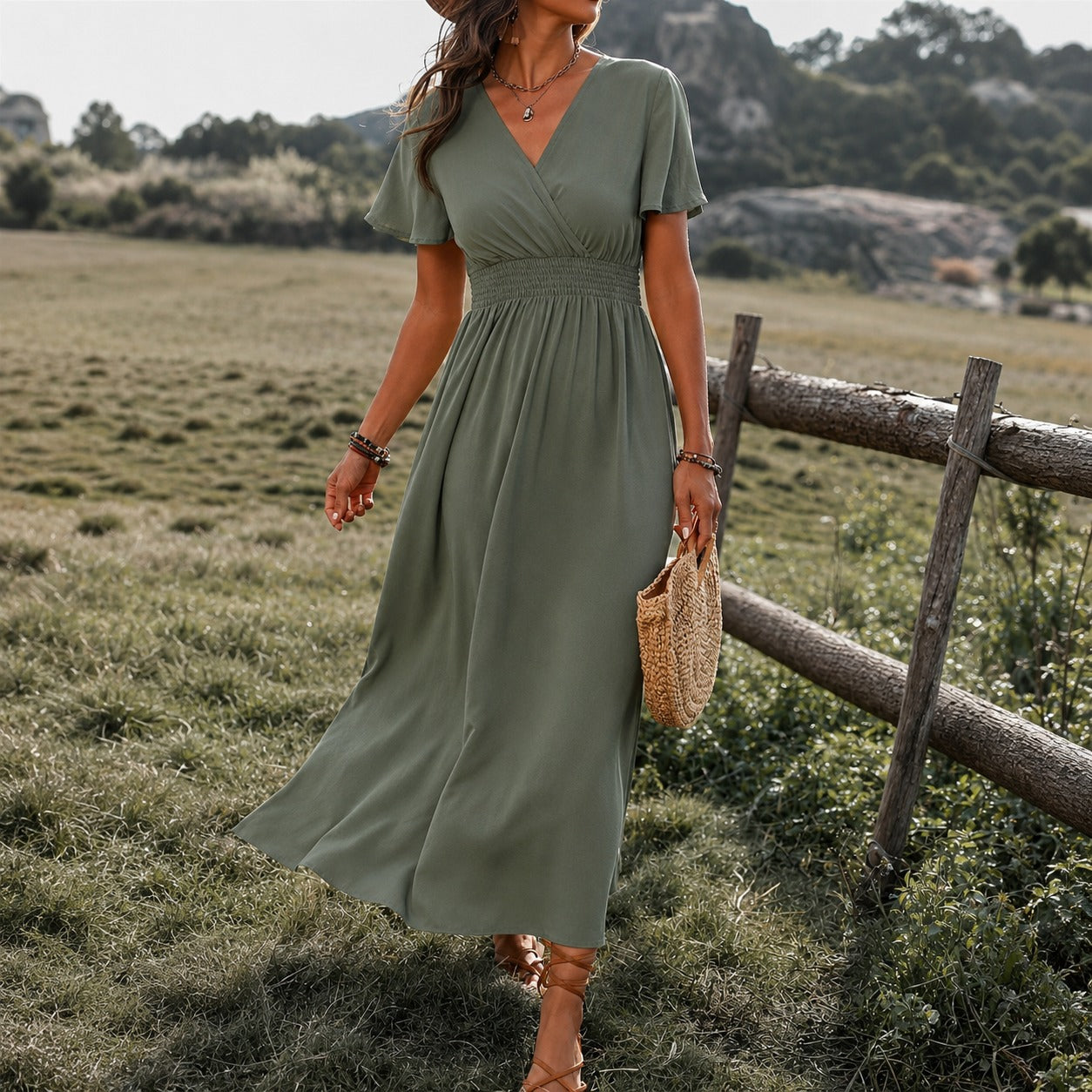 Dress Celine™ with Wrap V-Neck and Smocked Defined Waist
