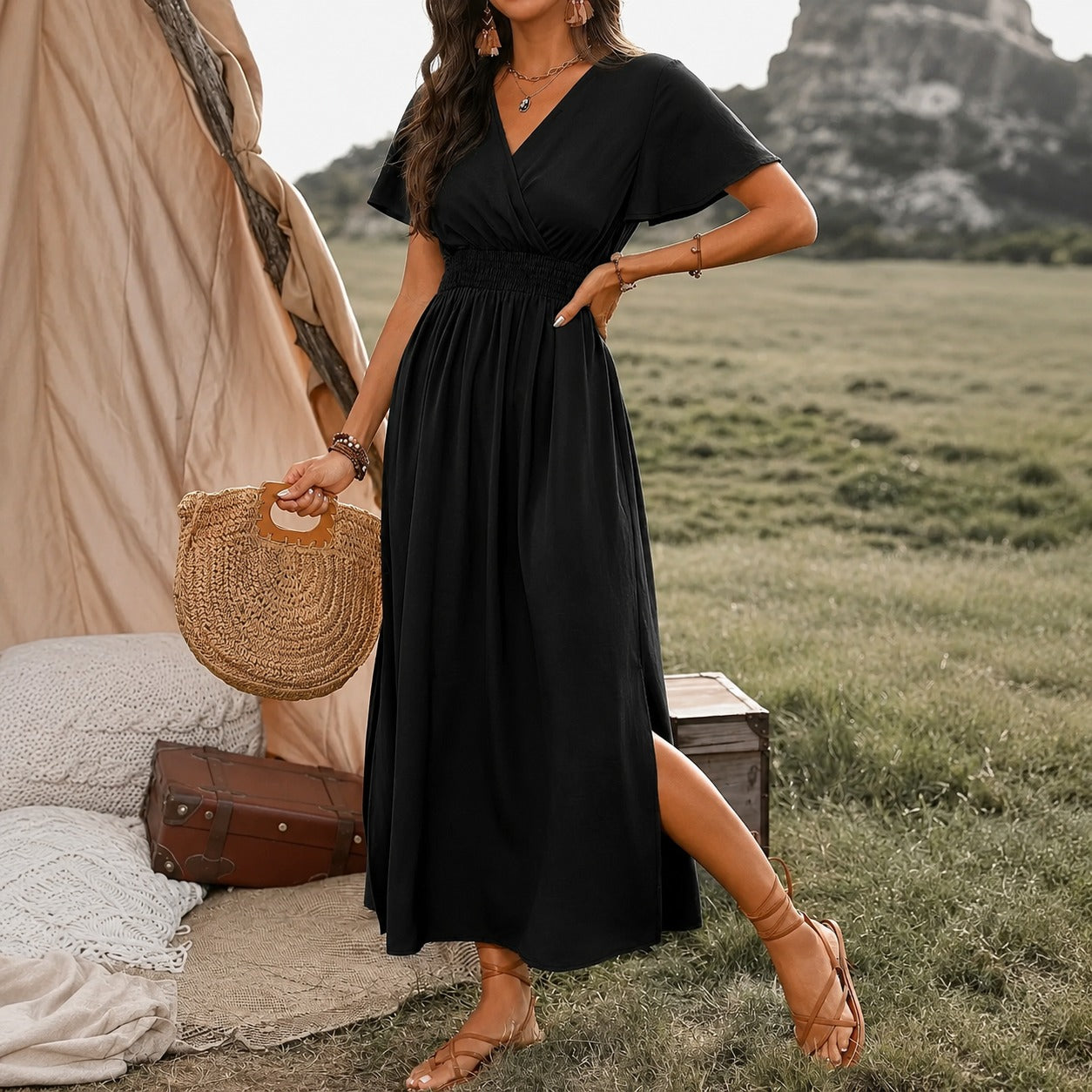 Dress Celine™ with Wrap V-Neck and Smocked Defined Waist
