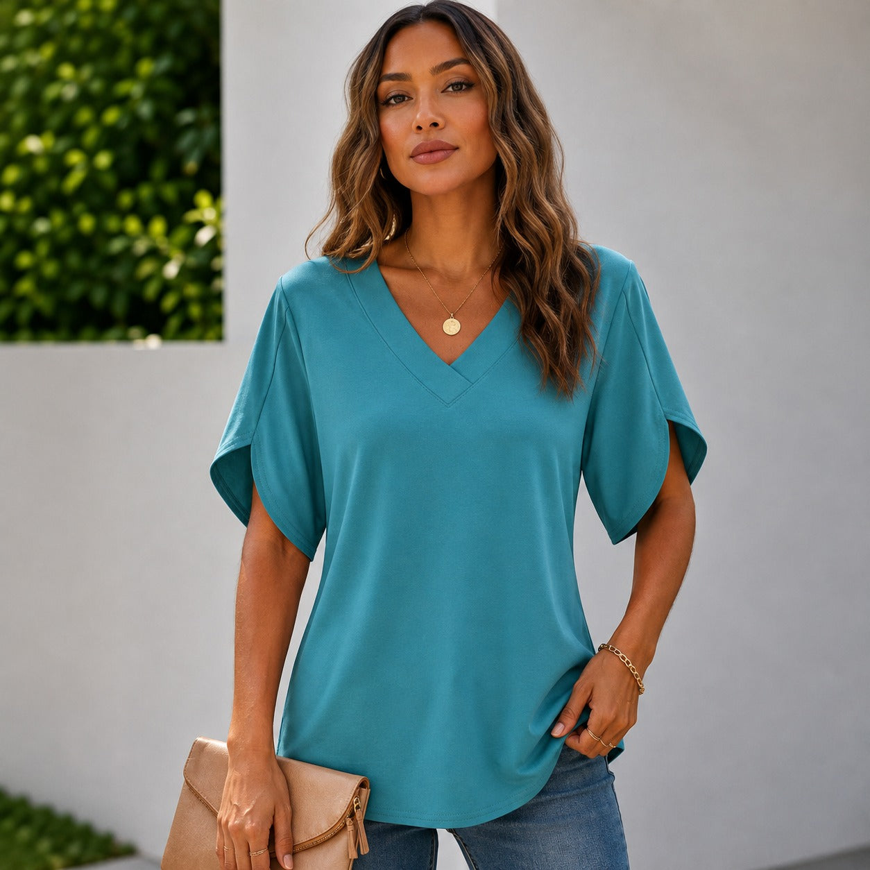 Arielle™ Blouse with V-Neckline, Minimalist Design and Side-Slit Sleeves