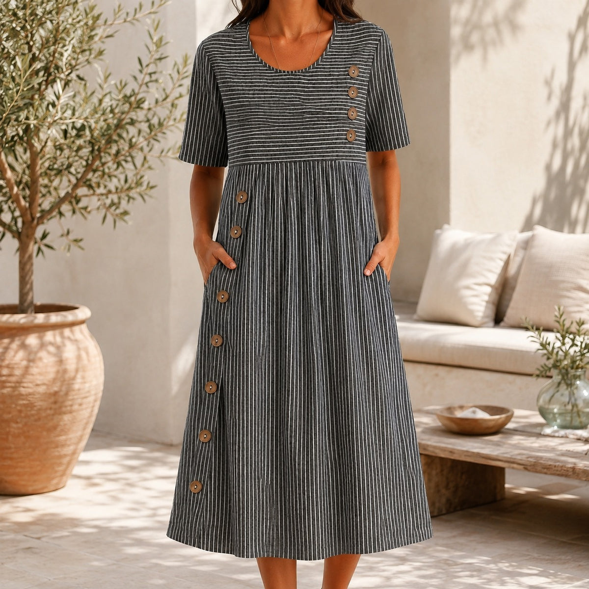 Elvanna™ Striped Dress with Decorative Button Details