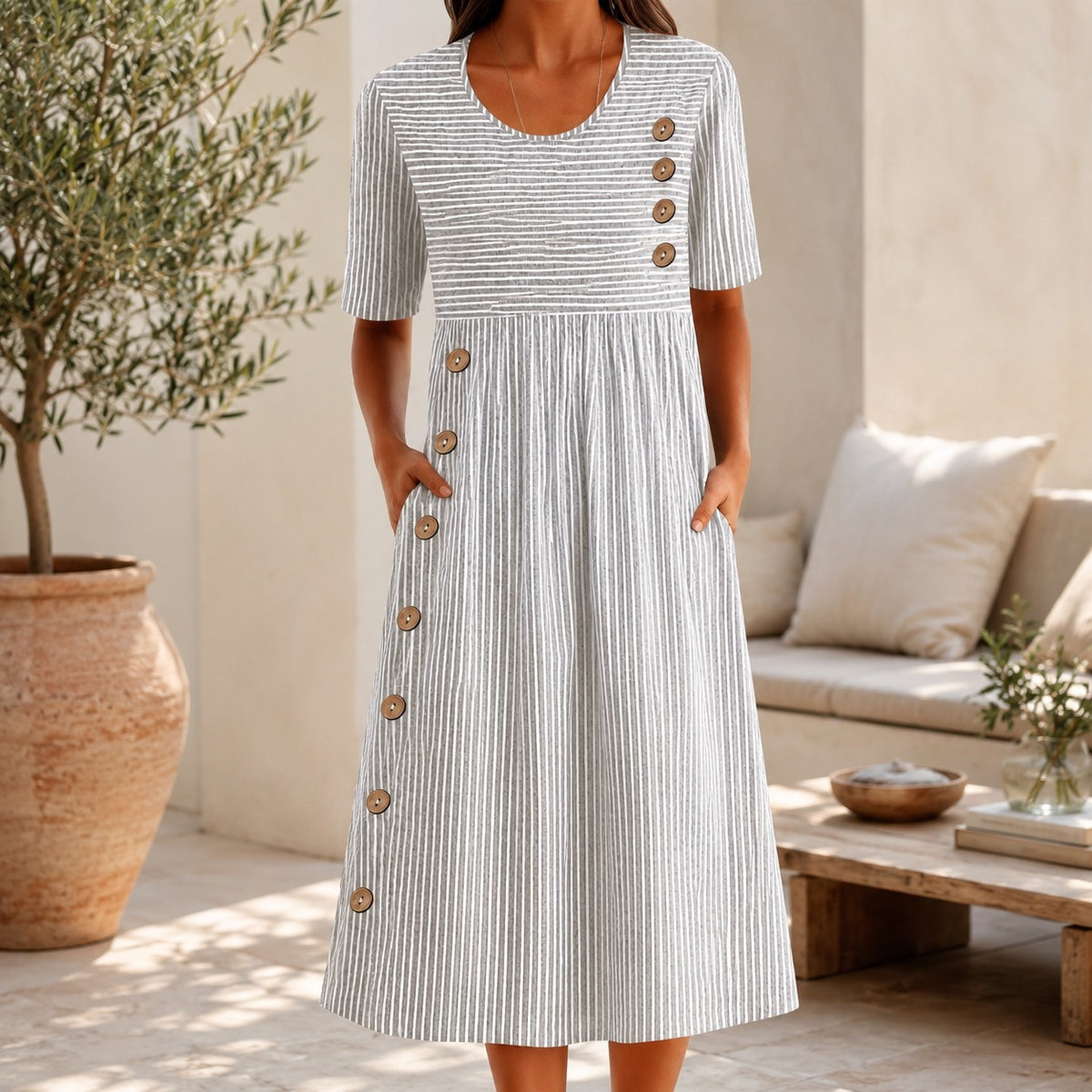 Elvanna™ Striped Dress with Decorative Button Details