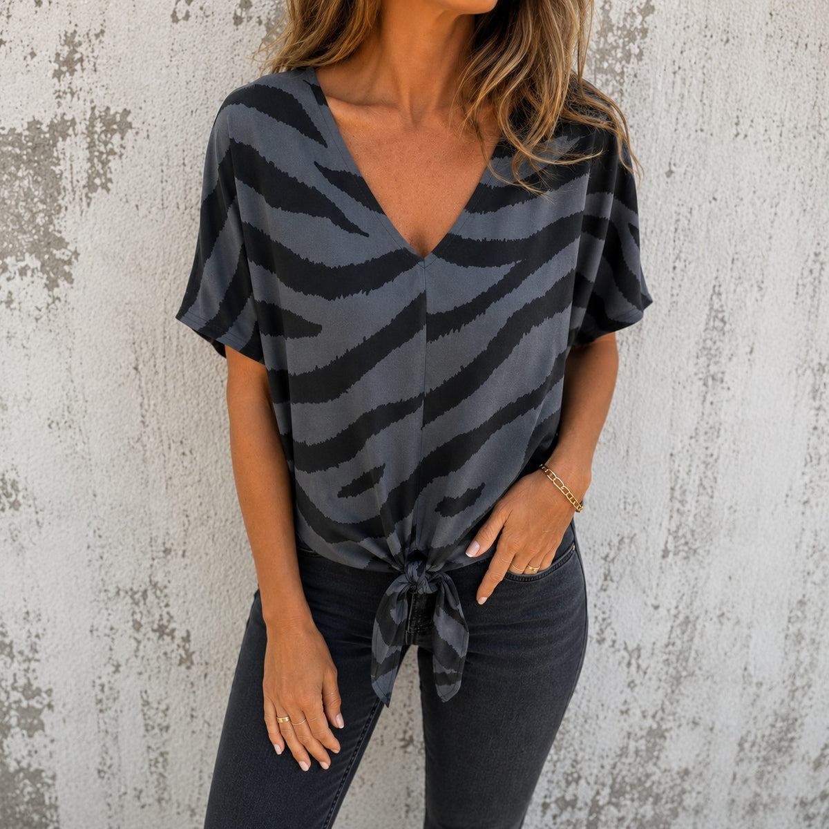 Calena™ Animal Print Blouse with V-Neck and Front Tie