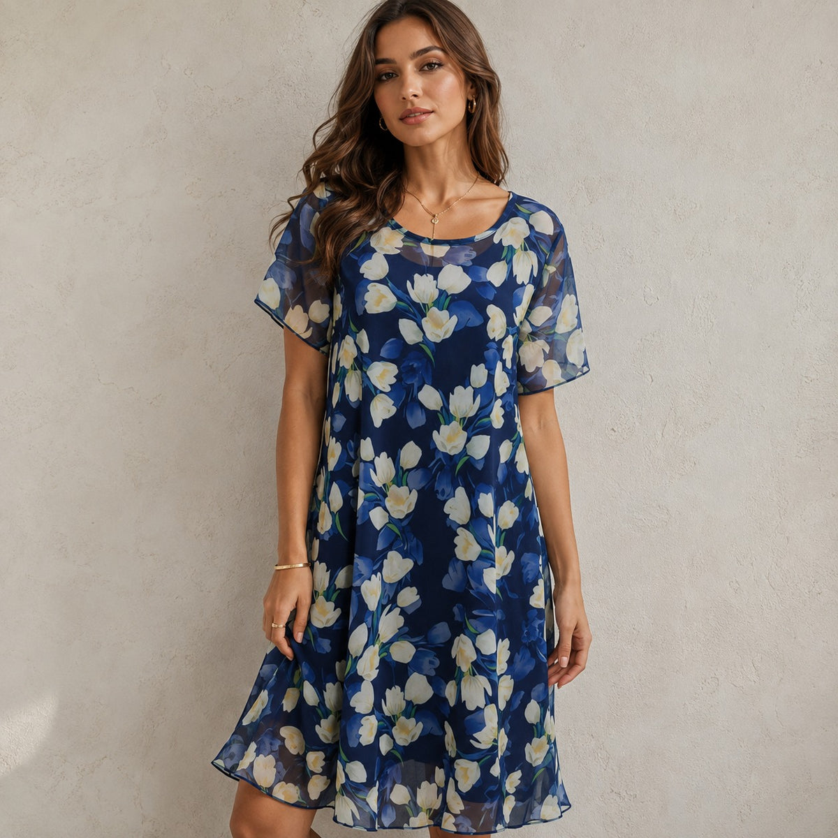 Dress Elodie™ with Round Neck and Floral Print