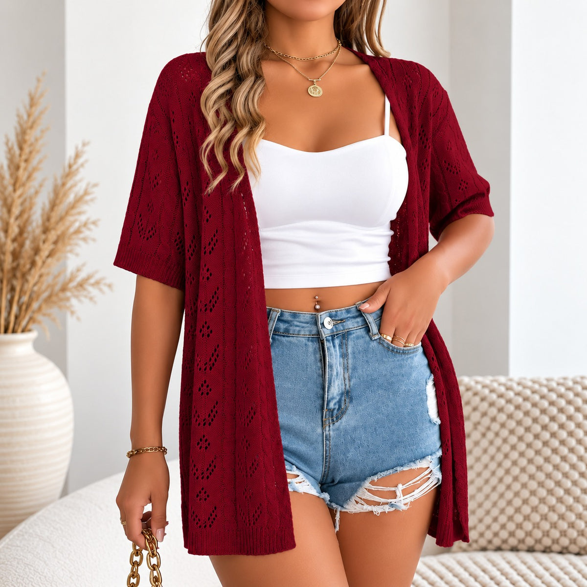 Melina™ Cardigan with Minimalist Design and Openwork Details