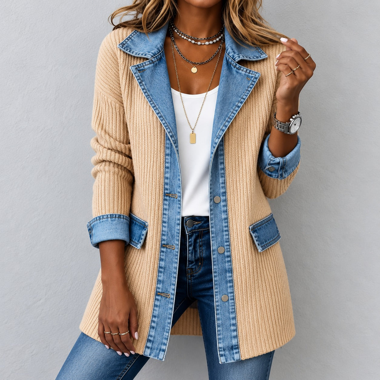 Jacket Caroline™ Longline Ribbed Knit, Denim Trim and Button Front
