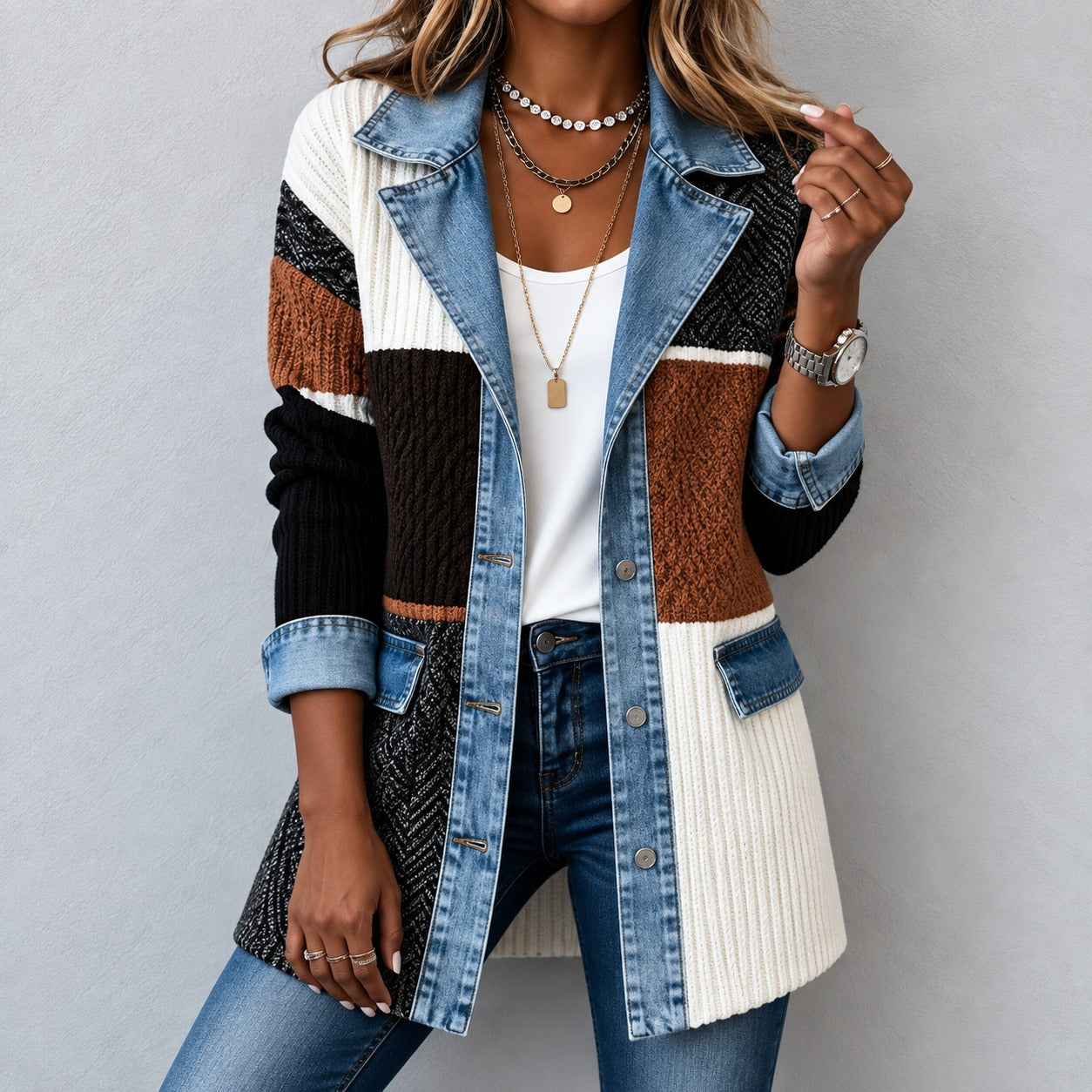 Jacket Caroline™ Longline Ribbed Knit, Denim Trim and Button Front