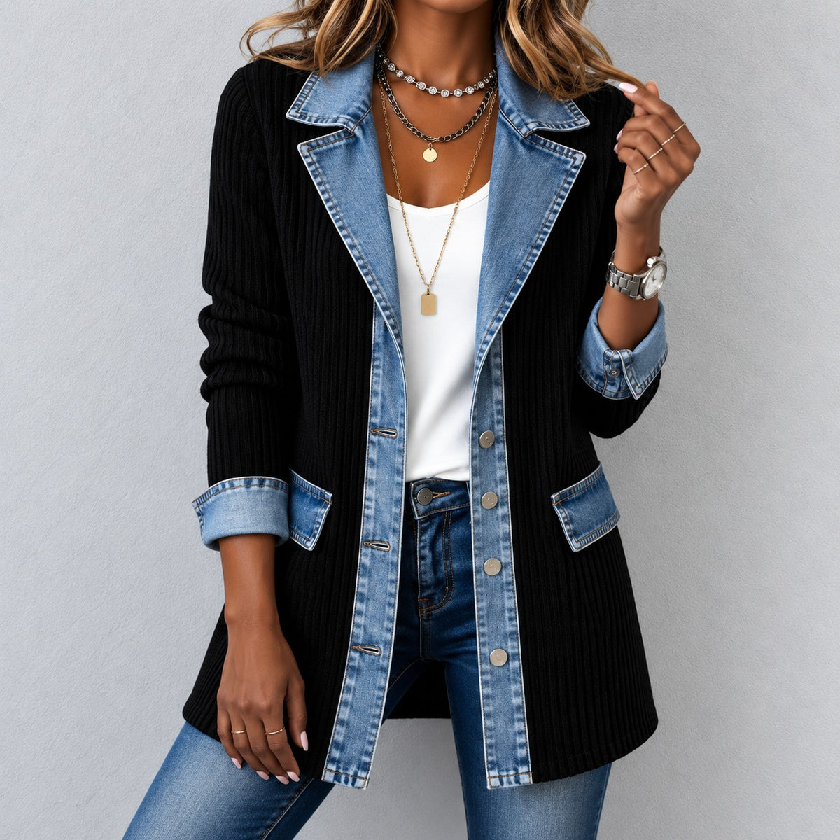 Jacket Caroline™ Longline Ribbed Knit, Denim Trim and Button Front