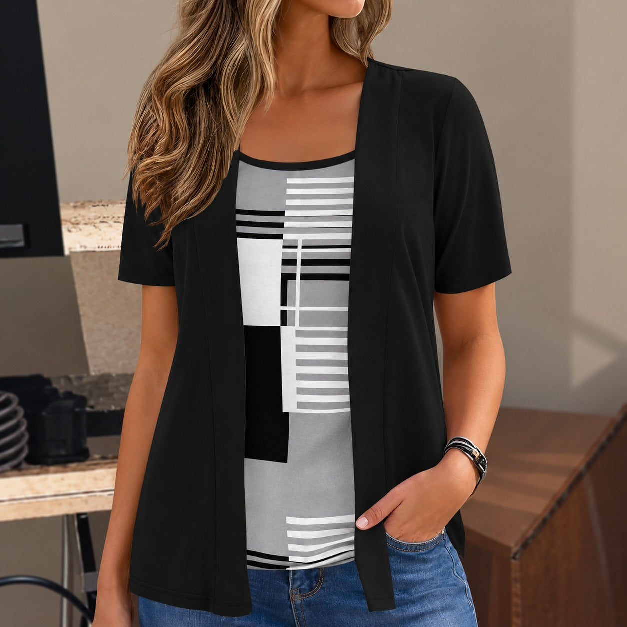 Blouse Monroe™ 2-in-1 with Open Overlay Efect and Geometric Print