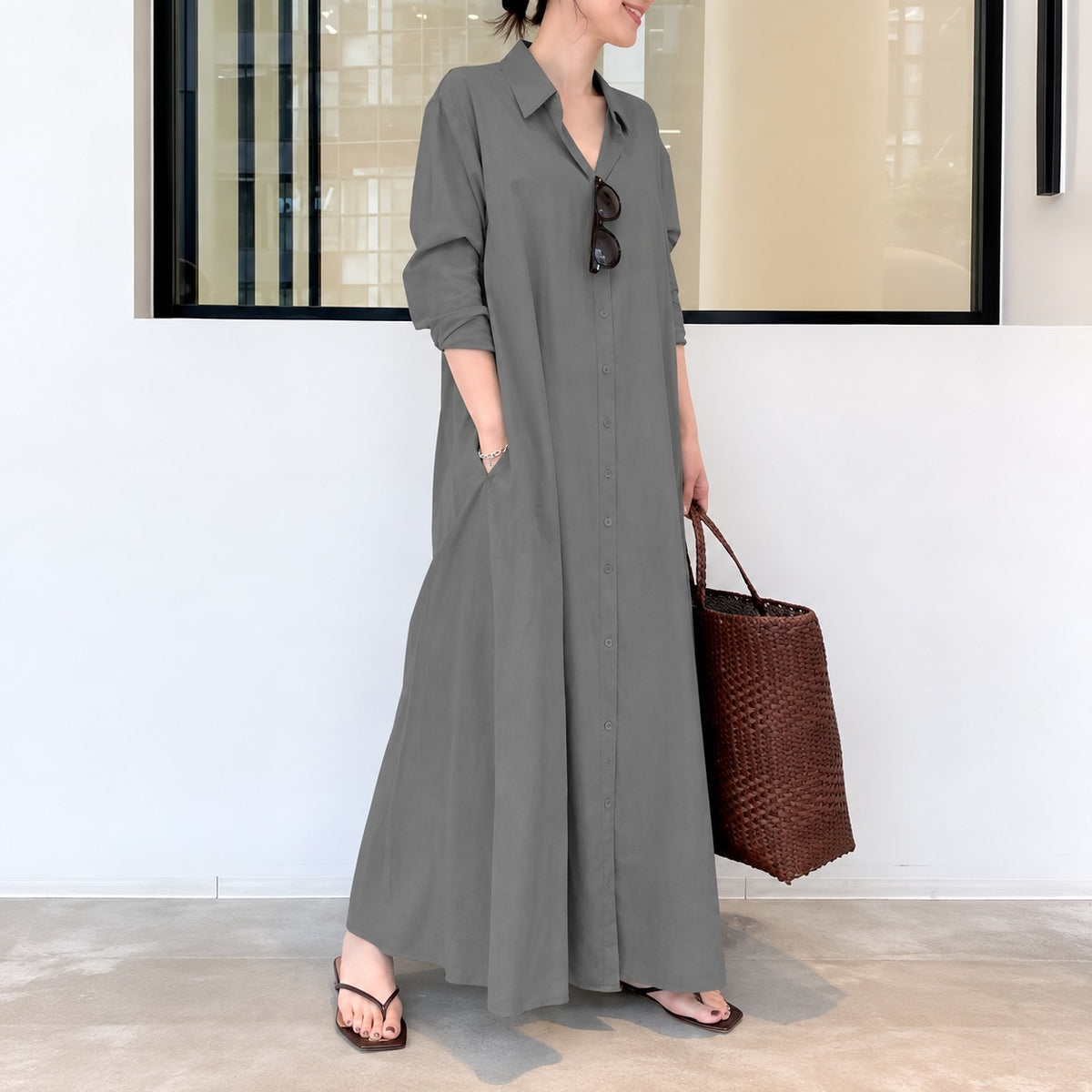 Dress Savannah™ in Linen-Cotton with Shirt Collar, Button-Front and Relaxed Fit