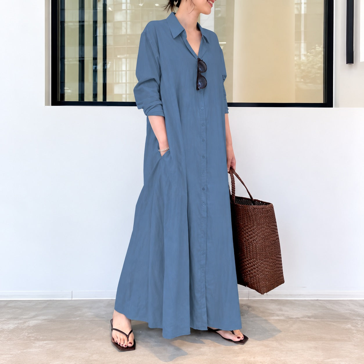 Dress Savannah™ in Linen-Cotton with Shirt Collar, Button-Front and Relaxed Fit