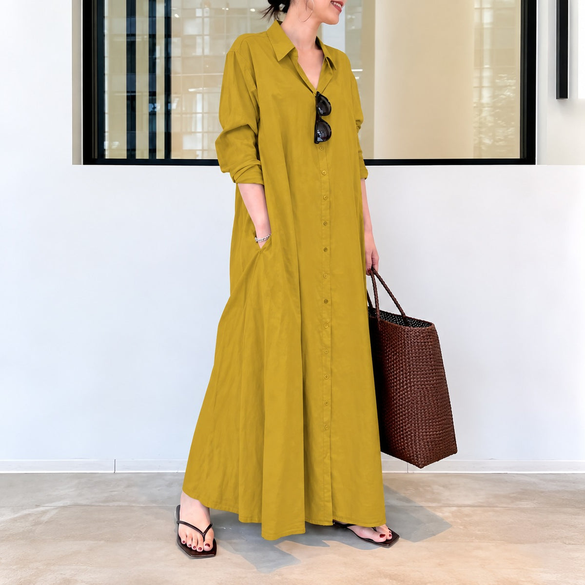 Dress Savannah™ in Linen-Cotton with Shirt Collar, Button-Front and Relaxed Fit