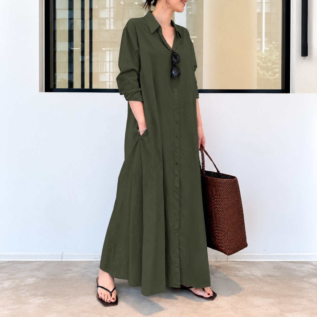 Dress Savannah™ in Linen-Cotton with Shirt Collar, Button-Front and Relaxed Fit