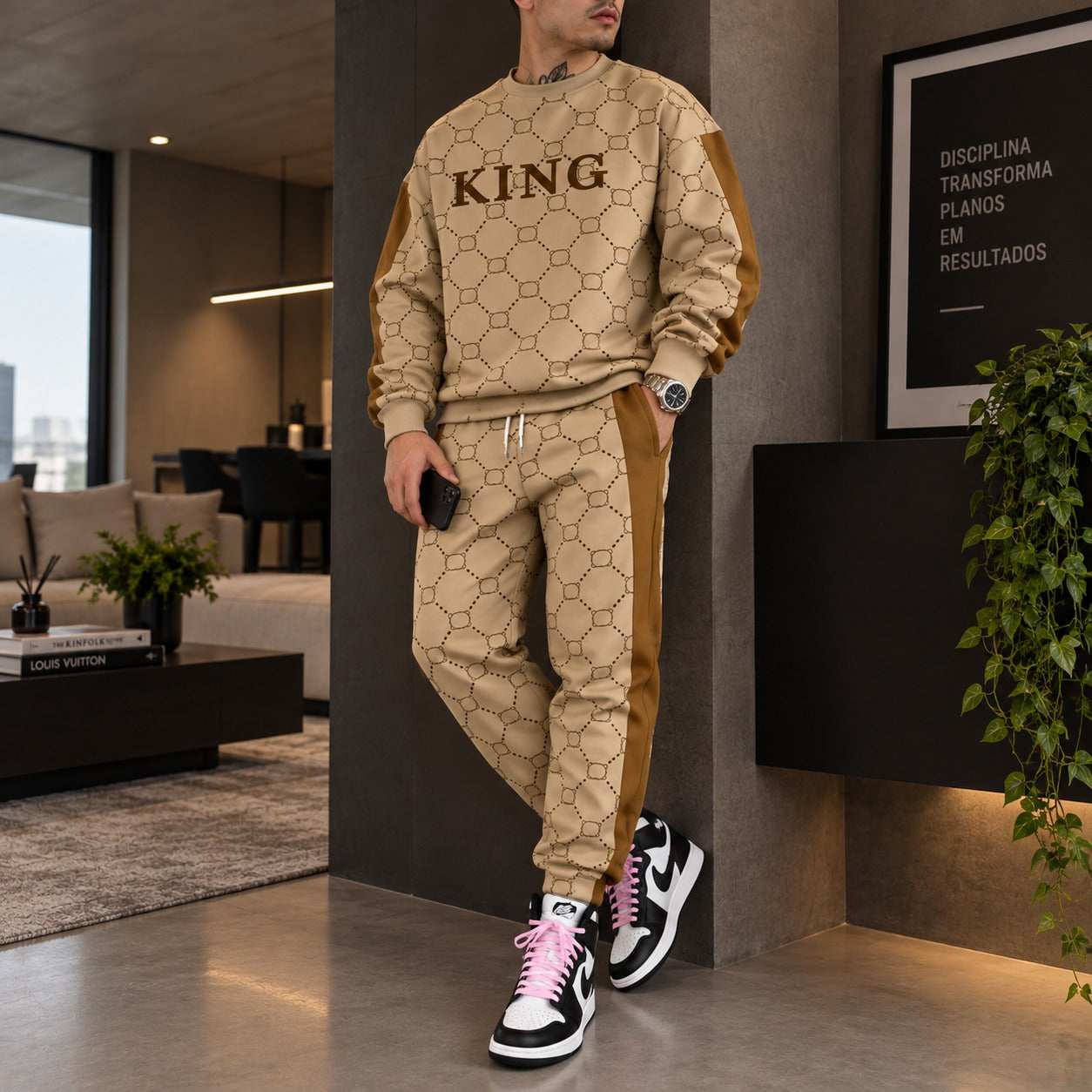 Set Warren™ with Patterned Crewneck Top and Contrast-Stripe Pants