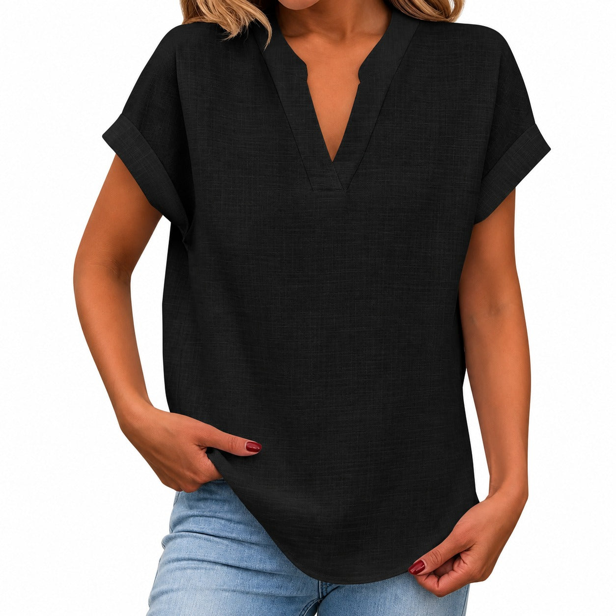 Maira™ Blouse with Folded Short Sleeves and Rounded Hem