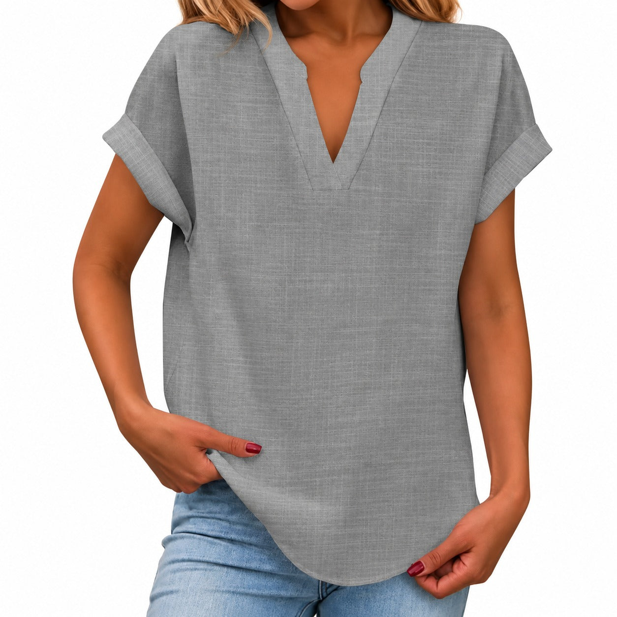 Maira™ Blouse with Folded Short Sleeves and Rounded Hem